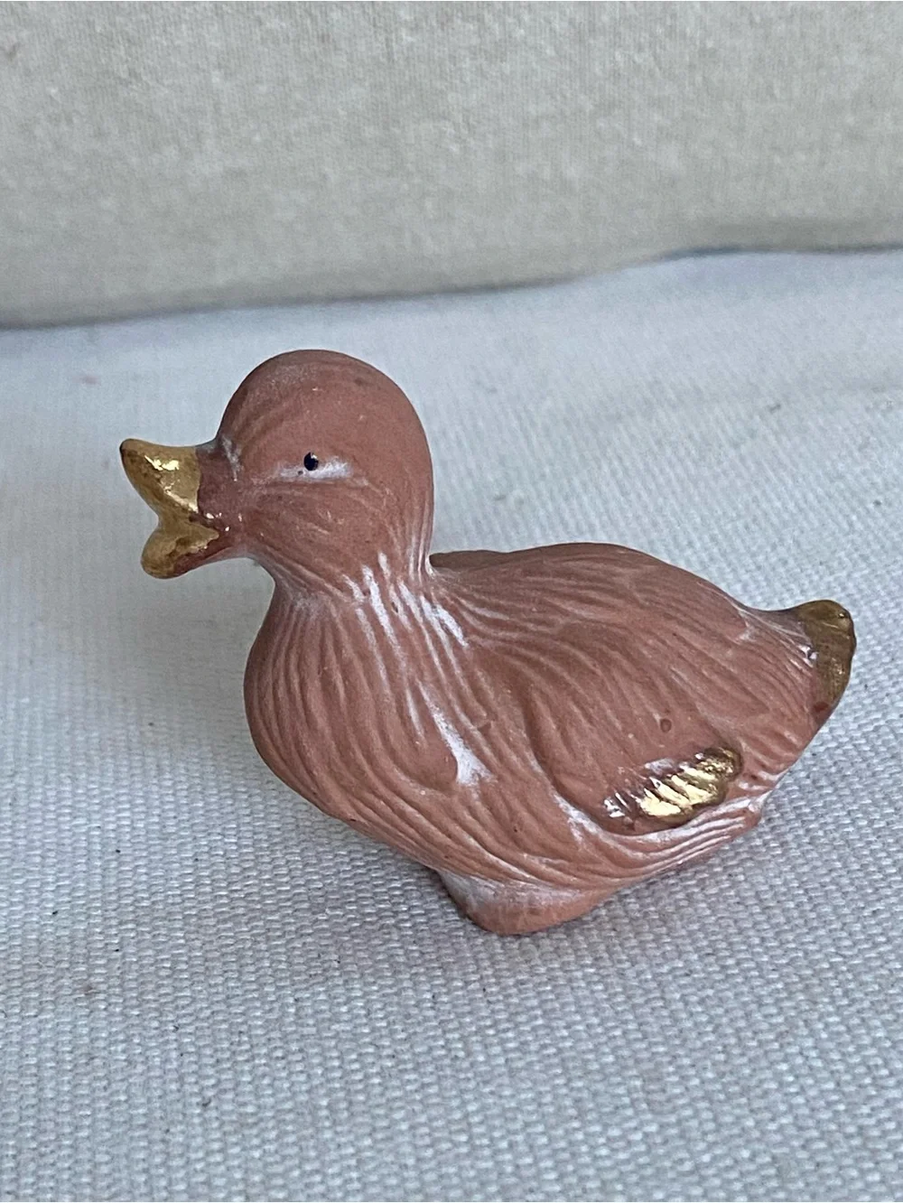 Vintage Terracotta Ceramic Duck Figurine Brown with Gold Trim